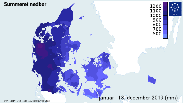 Summeret nedbør for 2019 indtil nu