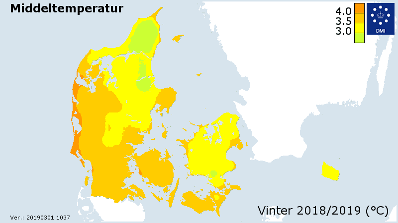 Middeltemperatur for vinteren 2018-2019