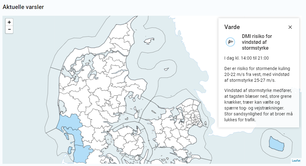 I den sydvestlige del af landet er der risiko for vindstød af stormstyrke I den sydvestlige del af landet er der risiko for vindstød af stormstyrke