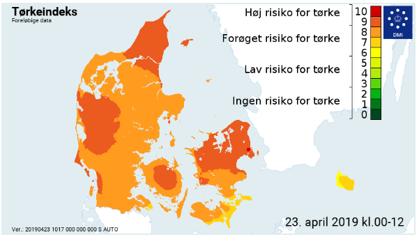 Kort over Danmarks tørkeindeks for 23. April 2019