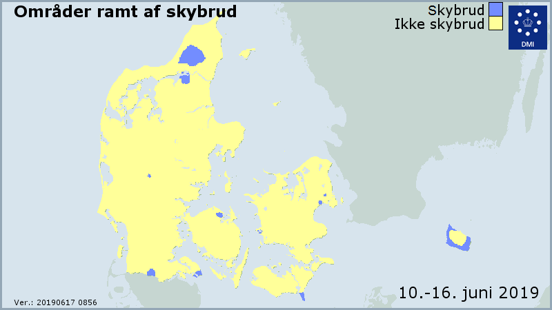 Danmarkskort med markering for skybrud