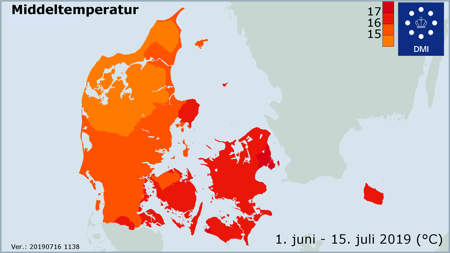Kort over Danmarks middeltemperatur i første havldel af Juni