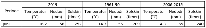 Den gennemsnitlige temperatur, summeret nedbørsmængde og summerede solskinstimer for juni 2019
