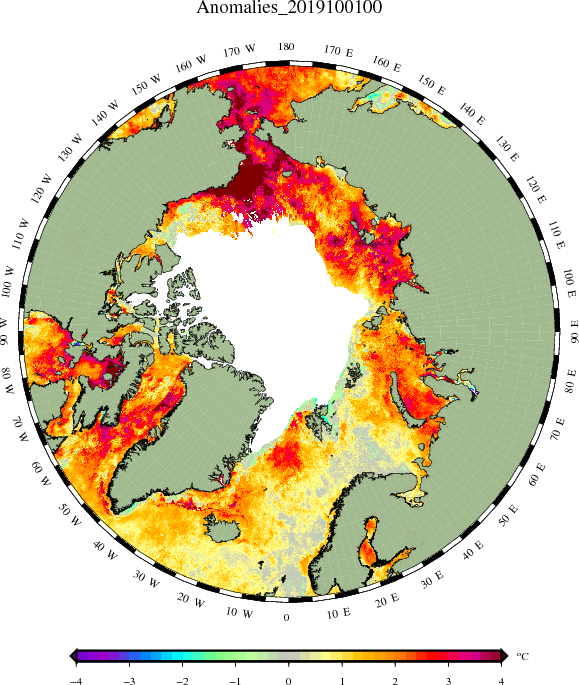Kort over den nordlige halvkugle med havtemperatur anomalier for oktober 2019