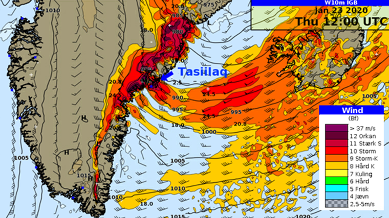 Billede af vinden i Tasiilaq i morgen tidlig (grønlandsk tid)