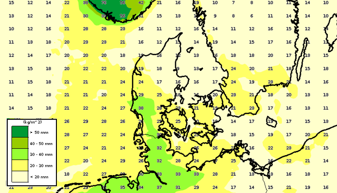 Akkumuleret nedbør til og med tirsdag