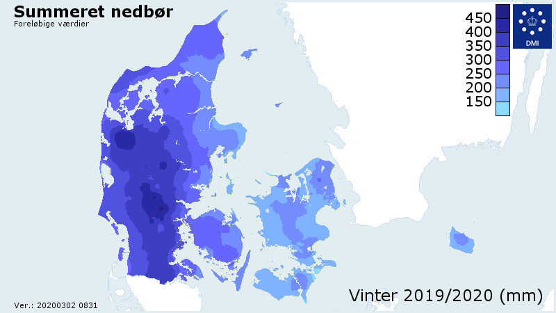 Danmarkskort med fordeling af vinterens nedbør.