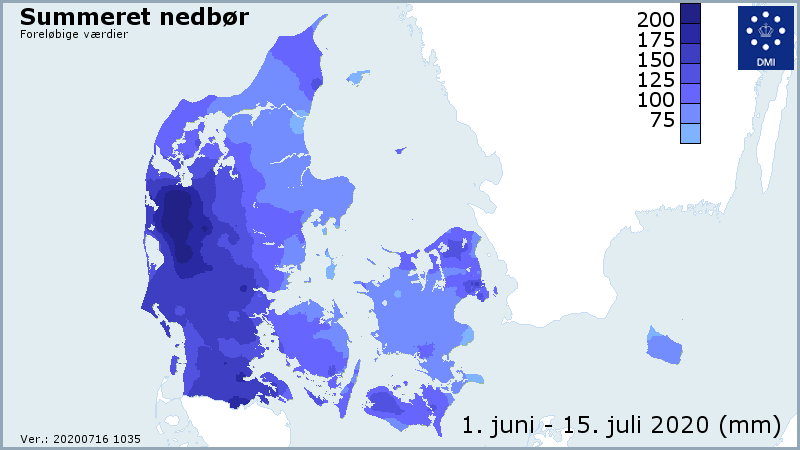 Danmarkskort med fordeling af nedbør