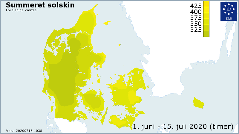 Danmarkskort med fordeling af soltimer