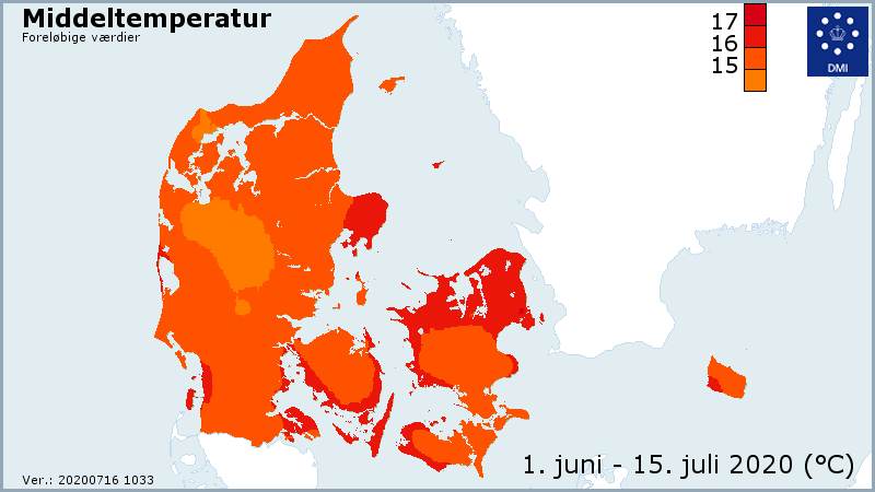 Danmarkskort med fordeling af temperatur