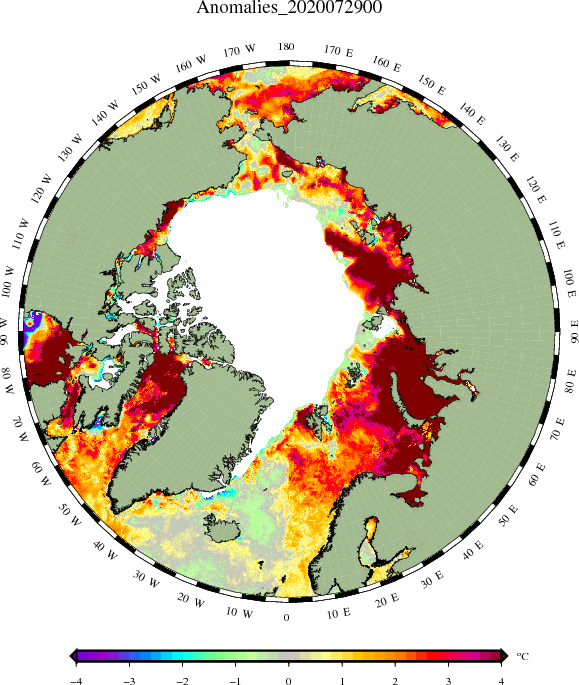 Grafik af jordkloden fra oven med havis og havvands anomali ift. temperatur
