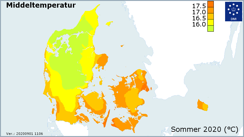 Gennemsnitstemperatur for sommeren 2020 Gennemsnitstemperatur for sommeren 2020
