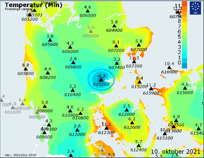 Temperaturmålinger natten til søndag