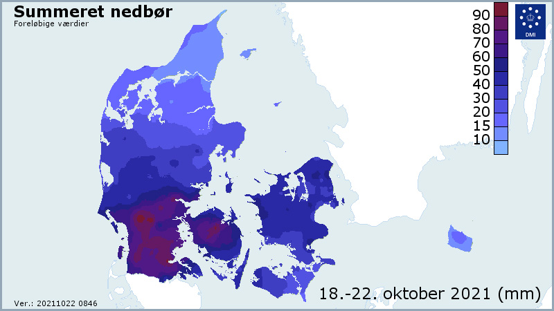 Danmarks kort farvet efter mængde af nedbør