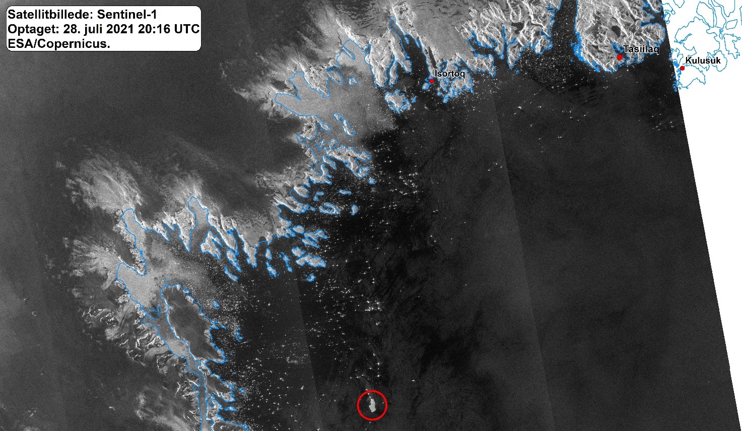 Satellitbillede af isøen ved Tasiilaq Satellitbillede af isøen ved Tasiilaq