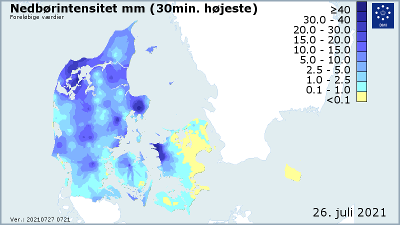 Nedbørintensiteten 26. juli 2021