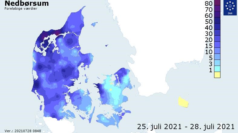 Nedbørsum 25-28. juli 2021 om formiddagen