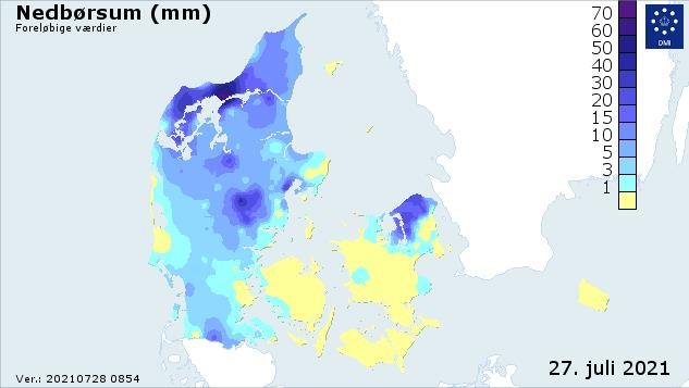 Nedbørsum 27. juli 2021