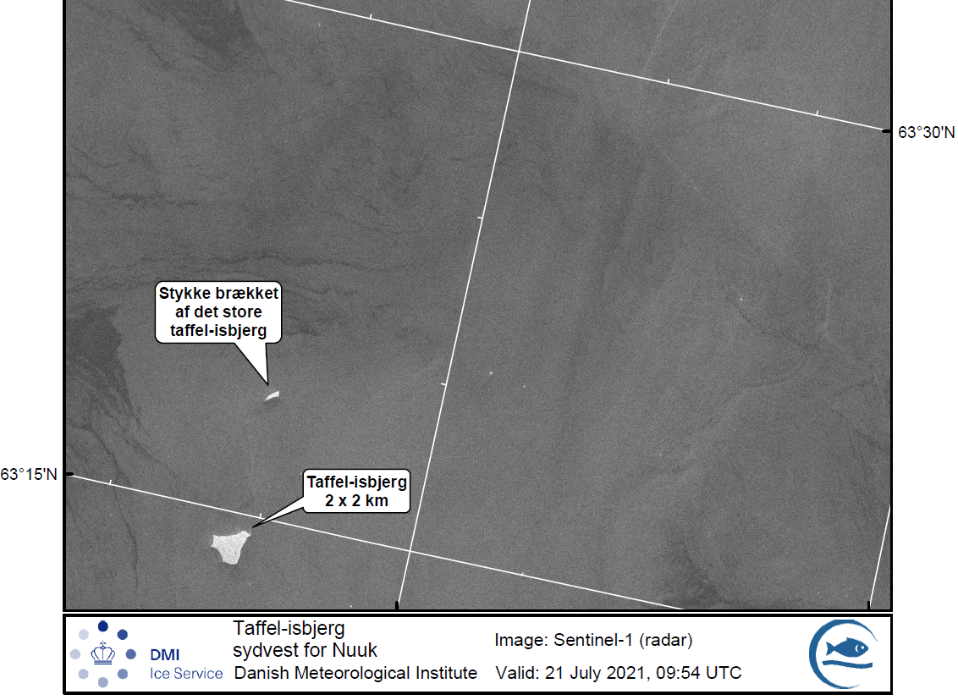 Satellitbillede af isøen ved Nuuk tættere på
