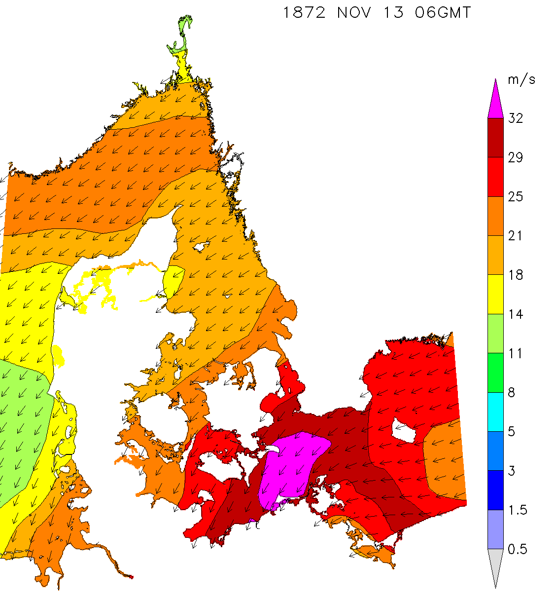 Vindhastigheder over Østersøen