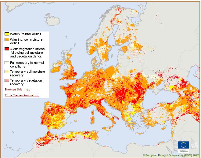 Kort over europa med tørkemarkeringer