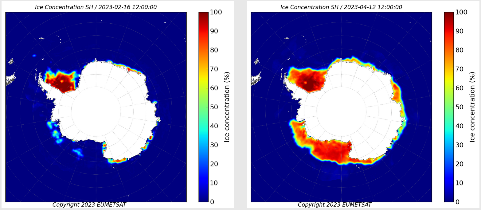 Havisens udbredelse i Antarktis fra februar til april