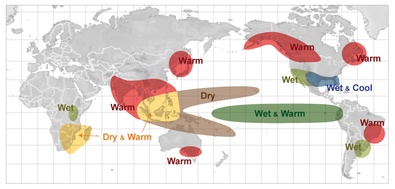 Verdenskort med ændringer som følge af El Nino