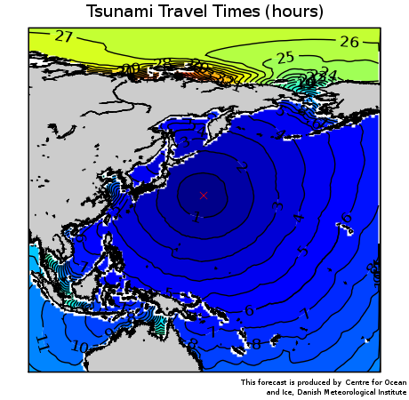illustration af udbredelsestid for tsunamibølge