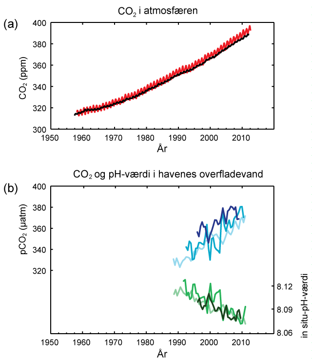 CO2-koncentrationen i atmosfæren, samt partialtrykket af CO2 i havets overflade