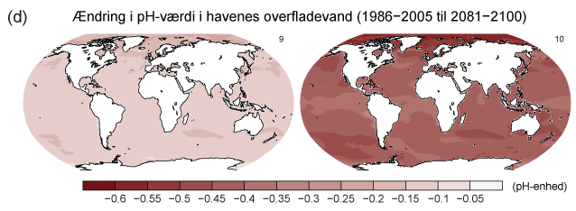 Kort over ændringen i havets pH-værdi i slutningen af det 21. århundrede for 2 RCP-scenarier.