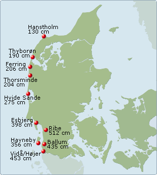 Danmarkskort med højeste vandstande under stormfloden den 3. december 1999