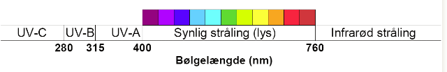 Lysspektret der viser UV stråling, synlig tråling og infrarød stråling