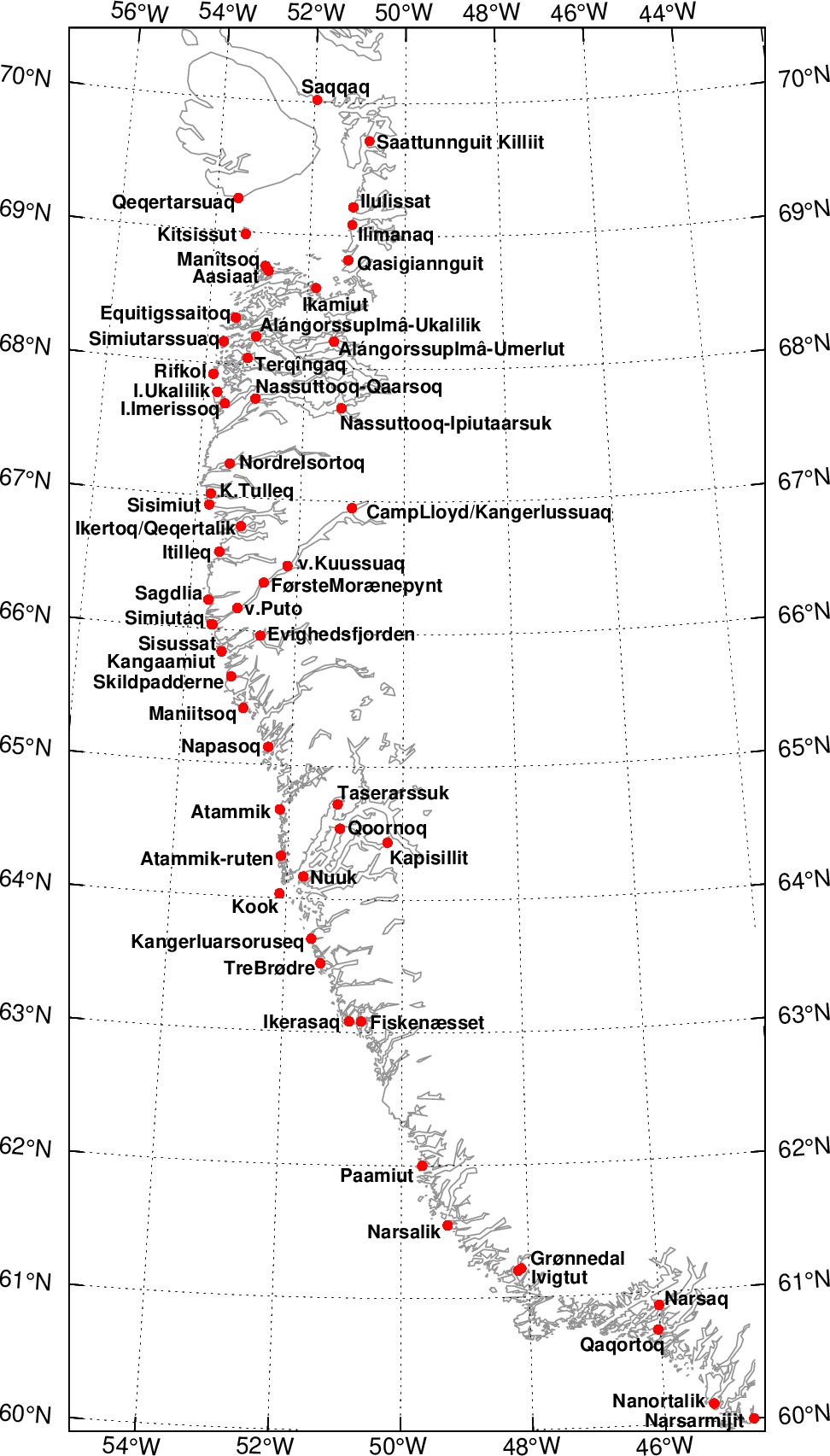 Målestationer i Sydvestgrønland