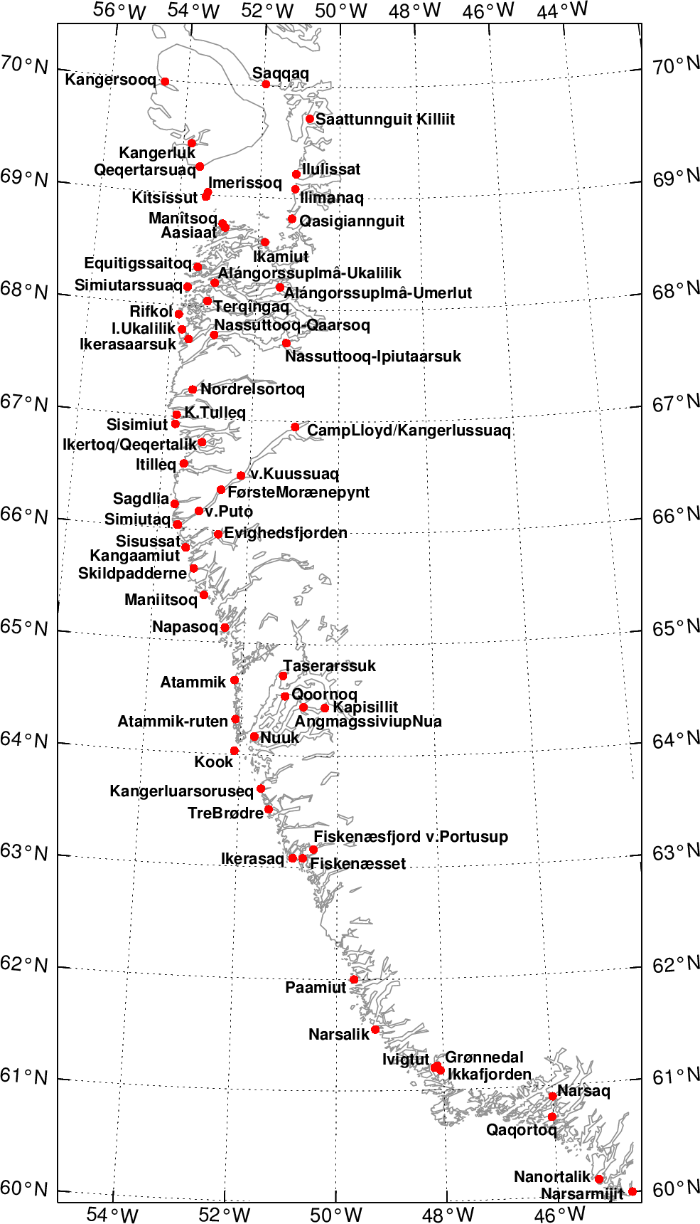 Målestationer i Sydvestgrønland