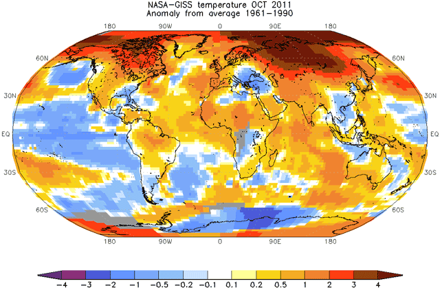 Afvigelser fra normaltemperaturen 1961-1990 for oktober 2011