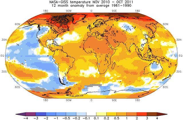 Afvigelser fra normaltemperaturen 1961-1990 for de seneste tolv måneder