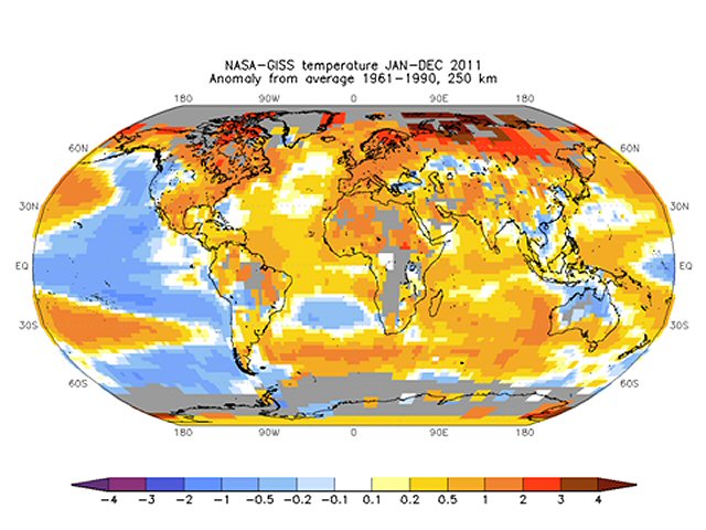 Afvigelser fra middeltemperaturen 1961-1990 for året 2011