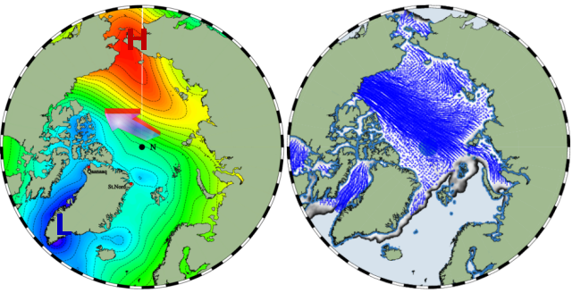 Venstre: Luftryk over havområder i Arktis. Højre: Isudbredelsen og isdrift i Arktis