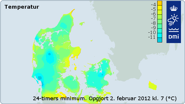 Minimumstemperaturer natten til den 2. februar 2012