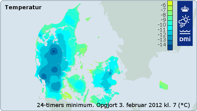 Minimumstemperaturer fra den 2. februar klokken 2012 og 24 timer frem.