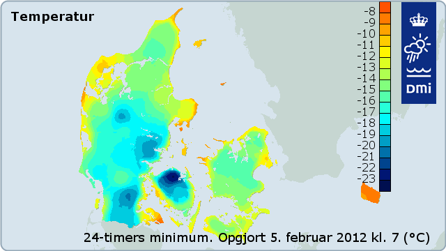 24-timers minimumstemperaturer målt mellem d. 4 februar kl. 7 og d. 5. februar kl. 7