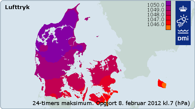 Maksimum lufttryk over Danmark i døgnet 7. februar 2012