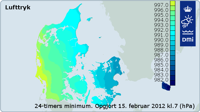 Minimum luftryk over Danmark den 15. februar 2012
