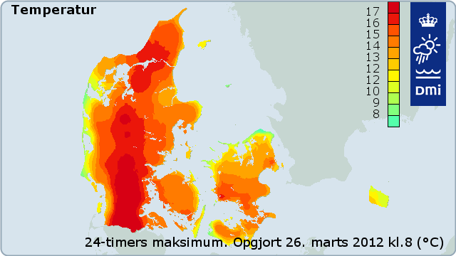 Temperatur 24-timers maksimum 26. marts 2012