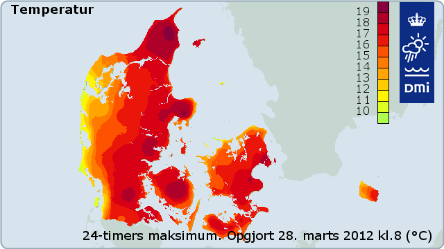 Maksimumtemperatur over 24 timer, 24. marts 2012