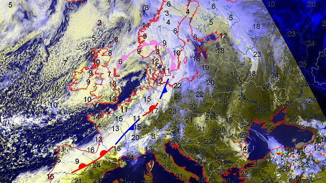 Satellitfoto og temperaturer er fra torsdag den 26. april klokken 16.