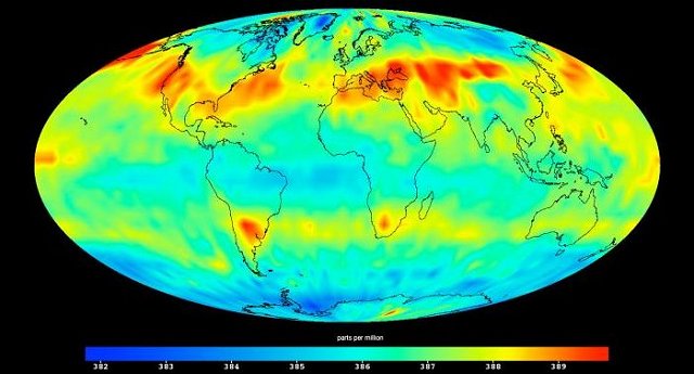 CO2 koncentration (ppm) global fordeling 