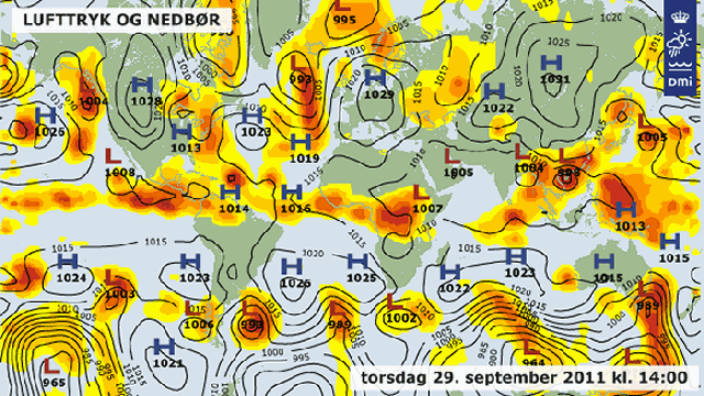 Lufttryk og nedbør globalt den 29. september 2011 kl. 14:00