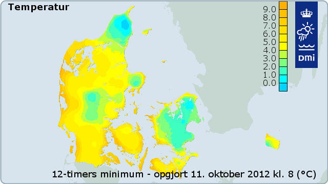 Temperatur 12 timer minimum, 11. oktober 2012