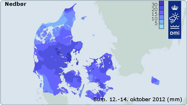 Kort over nedbørssum 12.-14. oktober 2012